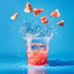 disposable-transparent-cup-watermelon-beverage-background-blue-space-powerful-liquid-explosion-commercial-photography-336983781